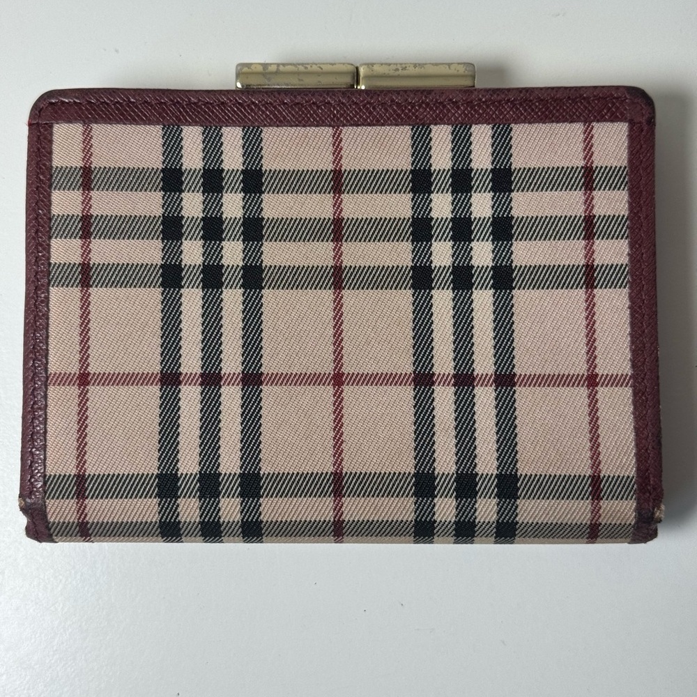 Burberry Women’s Classic Nova Check Burgundy Bi Fold Wallet With Gold Clasp - Picture 2 of 14